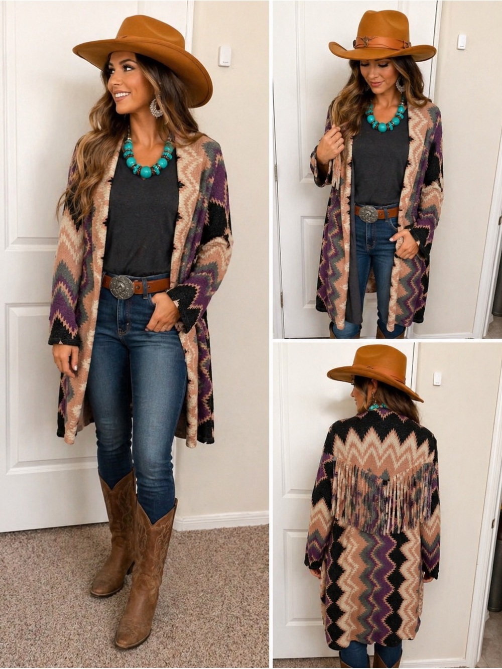 Fringed Aztec Pattern Cardigan - Picture 3 of 16